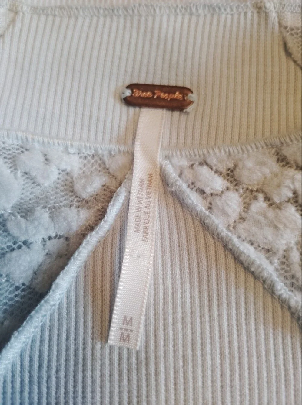 Free People Ice Blue Lace Patchwork Ribbed Top Medium Boho Romantic EUC